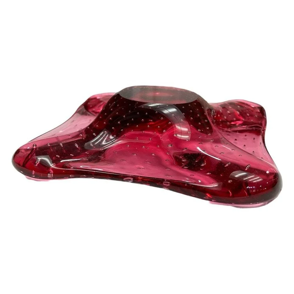 Vintage Cranberry Controlled Bubble Art Glass Bowl Plate 8” - Picture 5 of 8